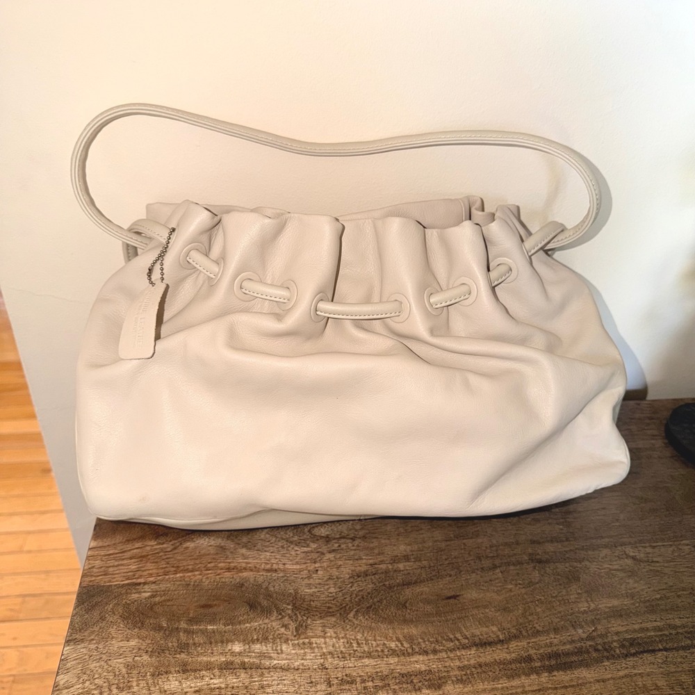 Cream Leather Slouchy ShoulderBag Drawstring Hobo Soft Minimalist Chic Purse Y2K